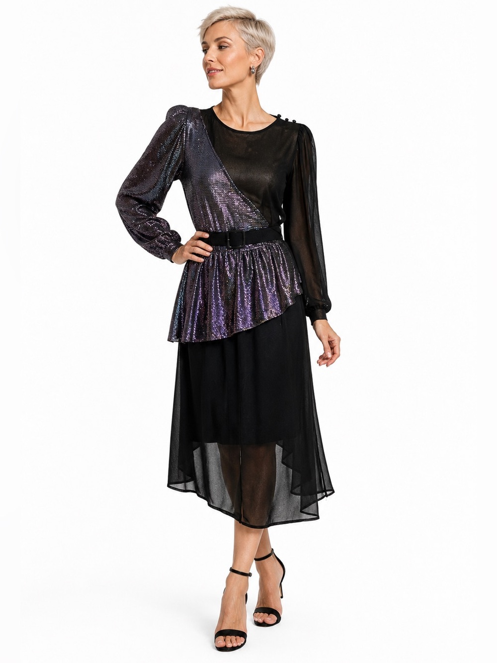 Vintage‎ 70s Dress Black Sheer Metallic Purple Disco Glam Party Evening Medium
